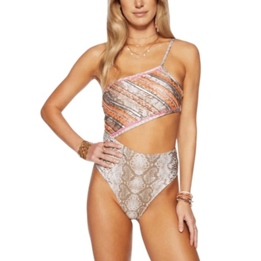 Ramy Brook Cassia One Shoulder Cutout Snakeskin Sequin Swimsuit XS NEW